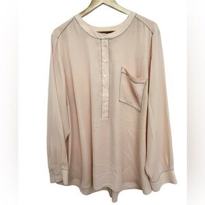 Lane Bryant Pink Peach Long Sleeve Button Down Chiffon Top Black Stitch Sz 26/28
